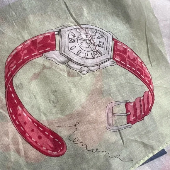 Renoma Paris Vintage Scarf Watches Table Oclock Eye Glass Print 21@x21” - Picture 7 of 11